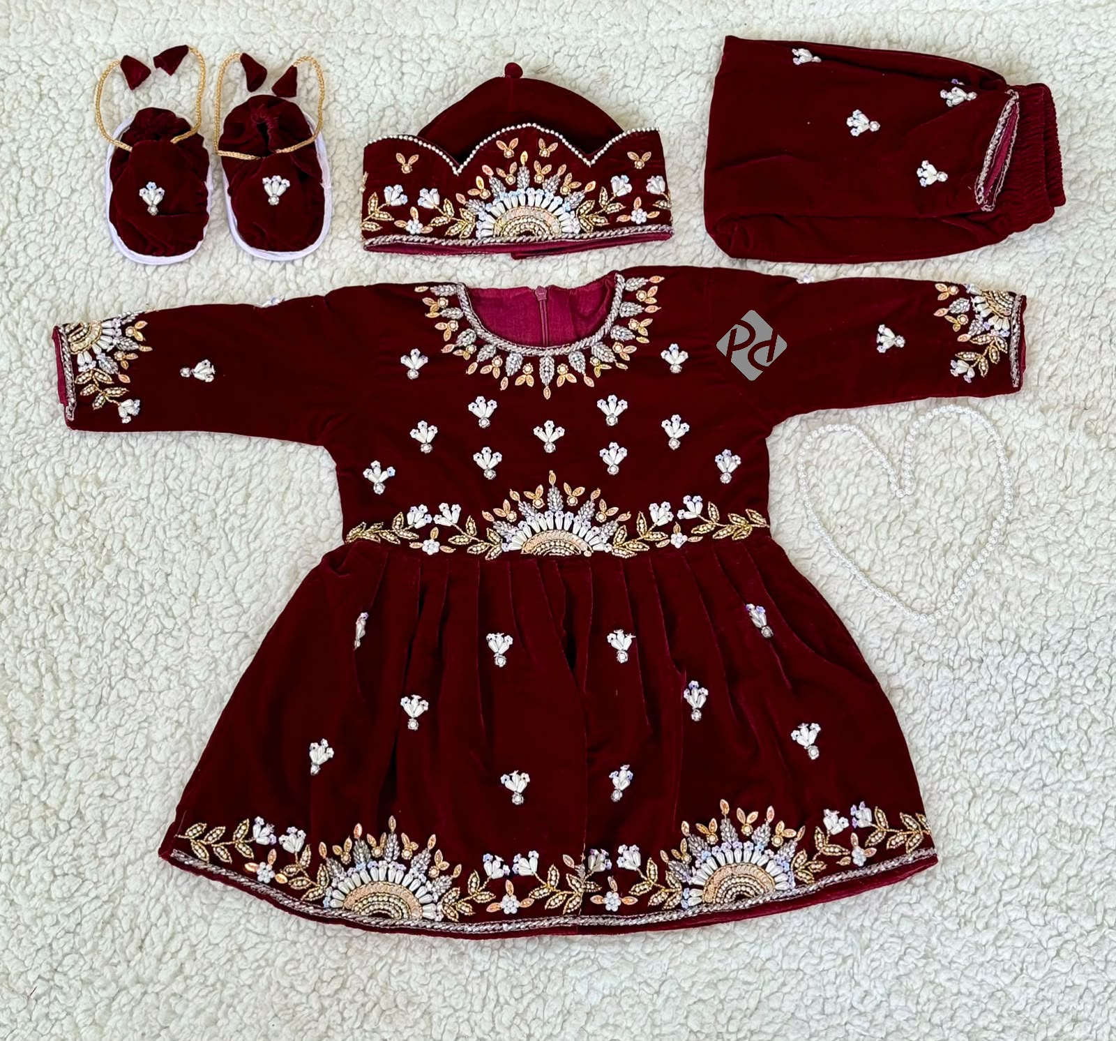 Velvet Heavy Maroon Baby Girl Rice Feeding Dress